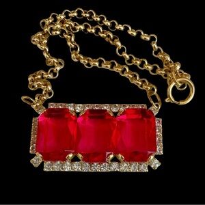 Vintage 80s Red Tri-Stone Rhinestone And Goldtone Cocktail Necklace